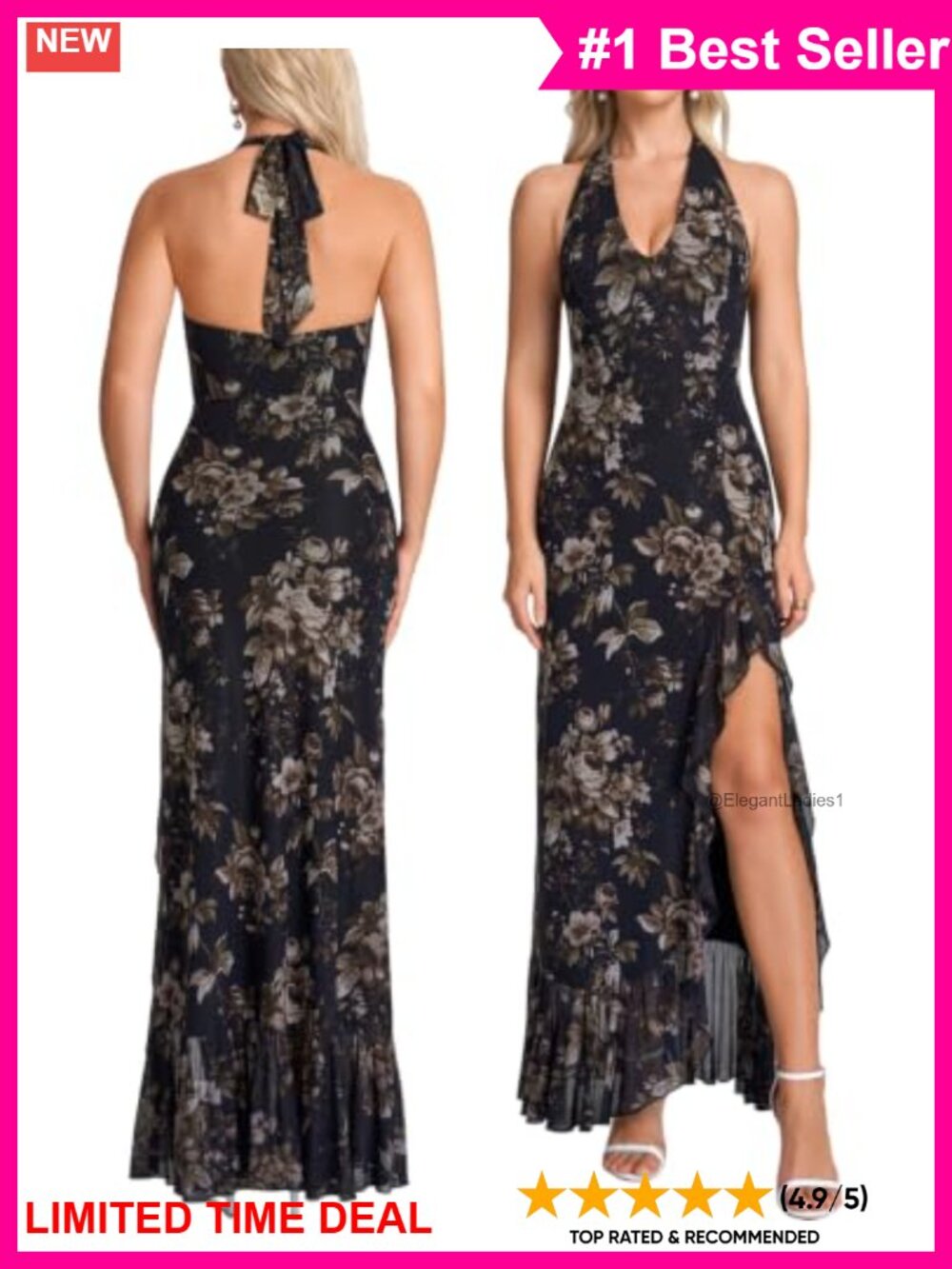 Floral Halter Tie V-Neck High Slit Bodycon Maxi Wedding Guest Dress